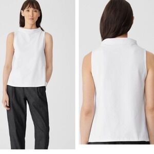 Eileen Fisher Pima Cotton Stretch Jersey Funnel Neck Tank White XS Easy Fit Top